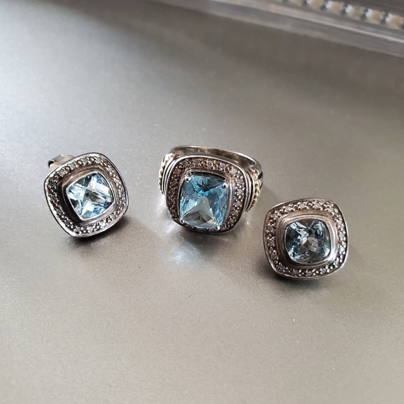 Aquamarine Ring and Earrings Set..diamond chips detail. size 7 ring